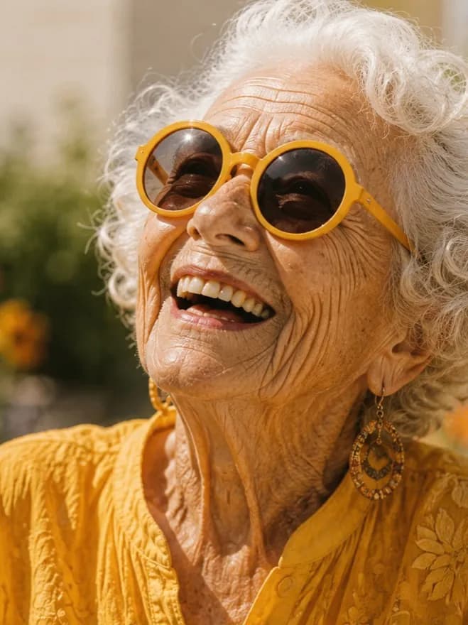 Une aînée rit au soleil, lunettes rondes jaunes et chemisier doré